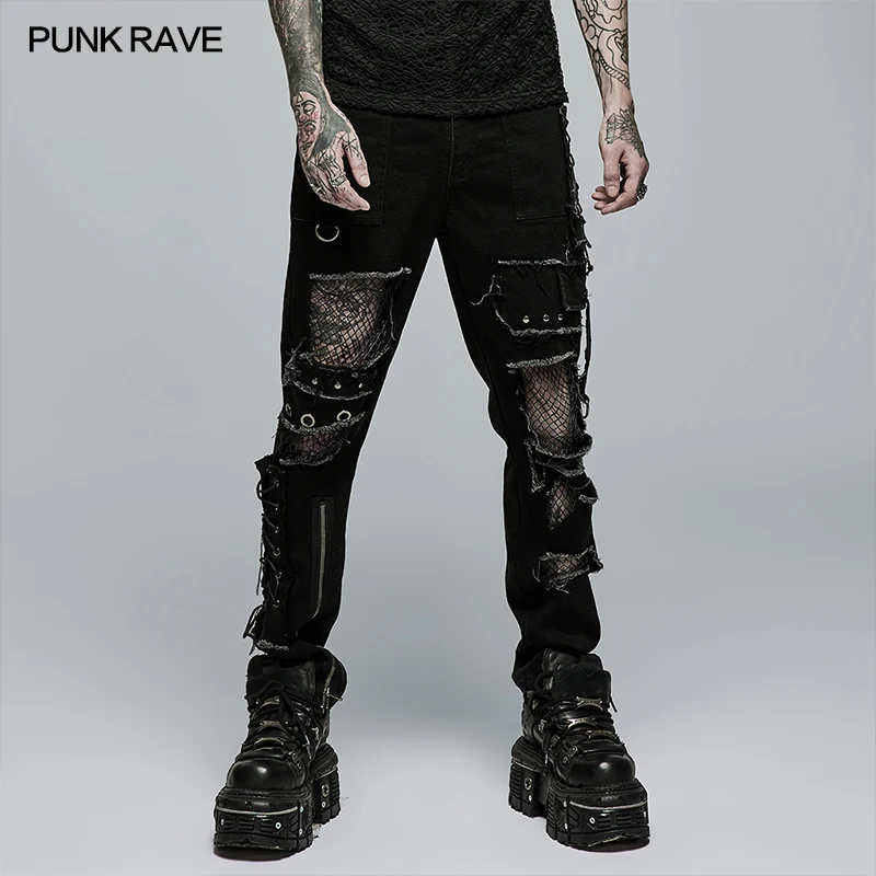 PUNK RAVE Men's Punk Metal Rock Broken Hole Net Black Decadent Trousers Gothic Casual Male Motocycle Denim Pants Visual Kei