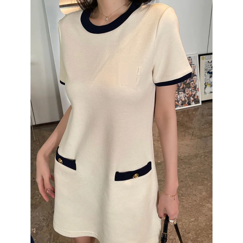 

Botton O-Neck Short-Sleeved Knitted Women's Mini Dress 2023 Spring Summer New Simple Fashionable Casual Vintage Elegant Clothing