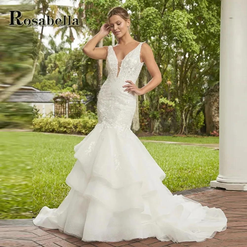 

ROSABELLA Luxury Cutout Tiered Wedding Dresses For Women Mermaid Illusion Appliques Vestidos De Novia Brautmode Personised Plus