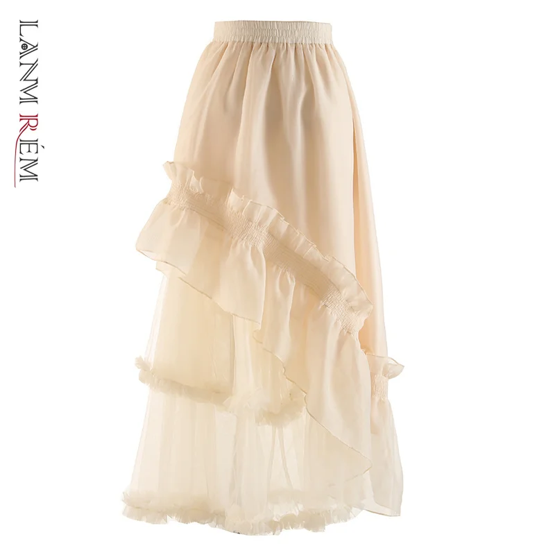 

Asymmetrical Wooden Lace Yarn Skirt High Waist Stitch Long Sweet A-line Skirts Women Party Wedding Clothing 2DA1011