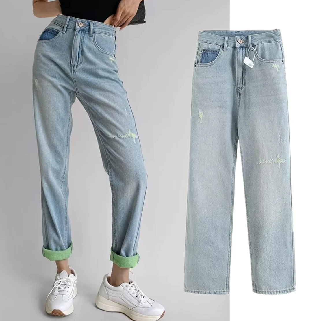 

Jenny&Dave American Retro Solid Color Washed Distressed High Wasit Mom Jeans Boyfriend Straight Loose Denim Pants Women