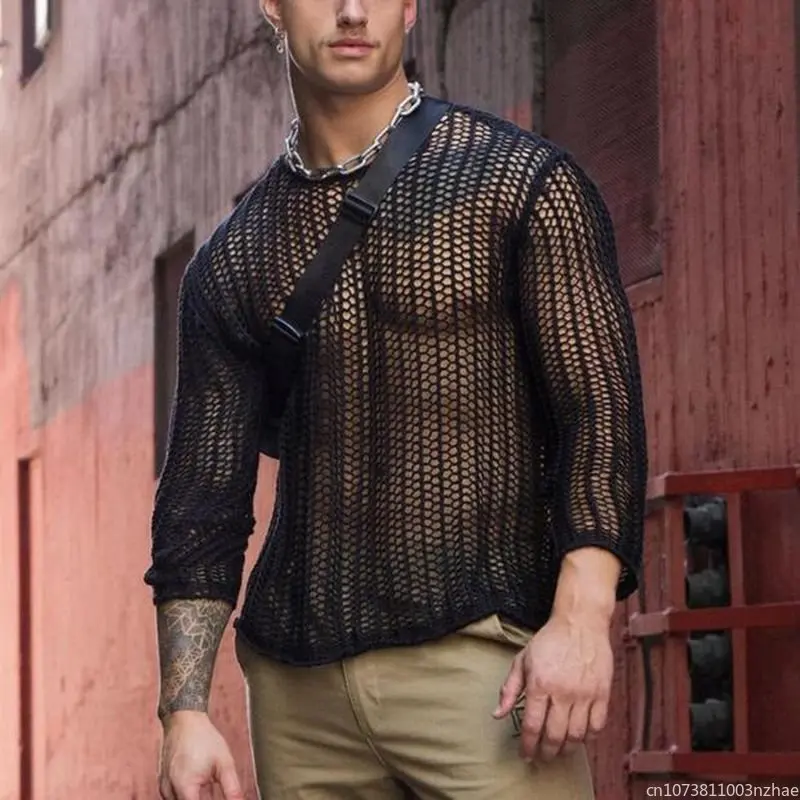 

Hot Selling Loose Casual Hollow Out Knit Shirt Men's Solid Color Slim Fitting T-shirt Pullover Top Trendy Street Men's Clothing