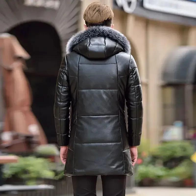 Мужской пуховик из искусственной кожи с мехом лисьего меха