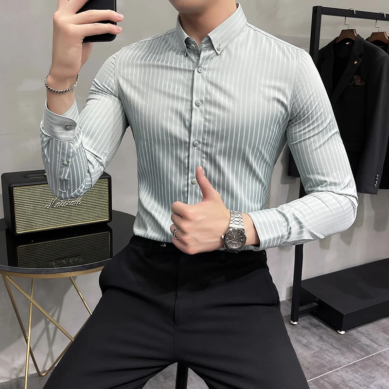 

2022 British style Men's spring High-Grade Stripes Long Sleeve Shirts/Male Slim Fit Lapel Leisure Business Shirt Plus size S-3XL