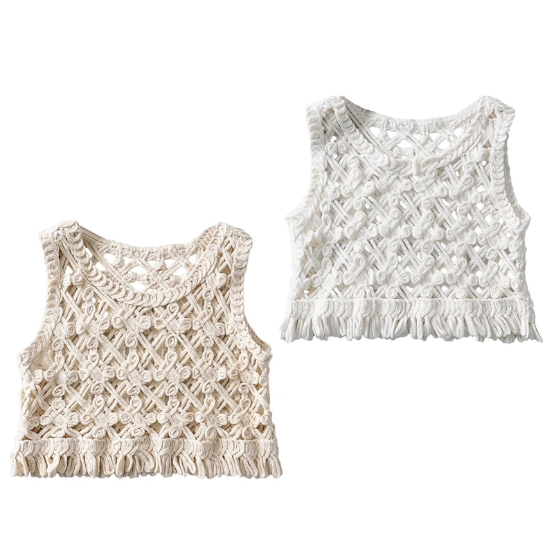 

Женский винтажный вязаный крючком укороченный топ без рукавов, ажурный вязаный клетчатый цветочный мини-свитер, жилет, праздничная Пляжная...