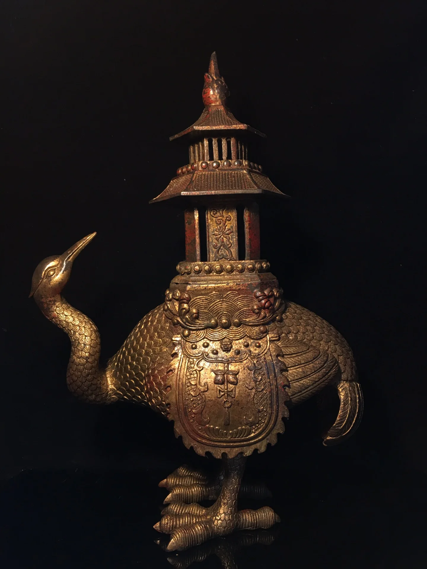 

17" Tibetan Temple Collection old Bronze Cinnabar mud gold Crane care pagoda incense burner ornament Town house Exorcism
