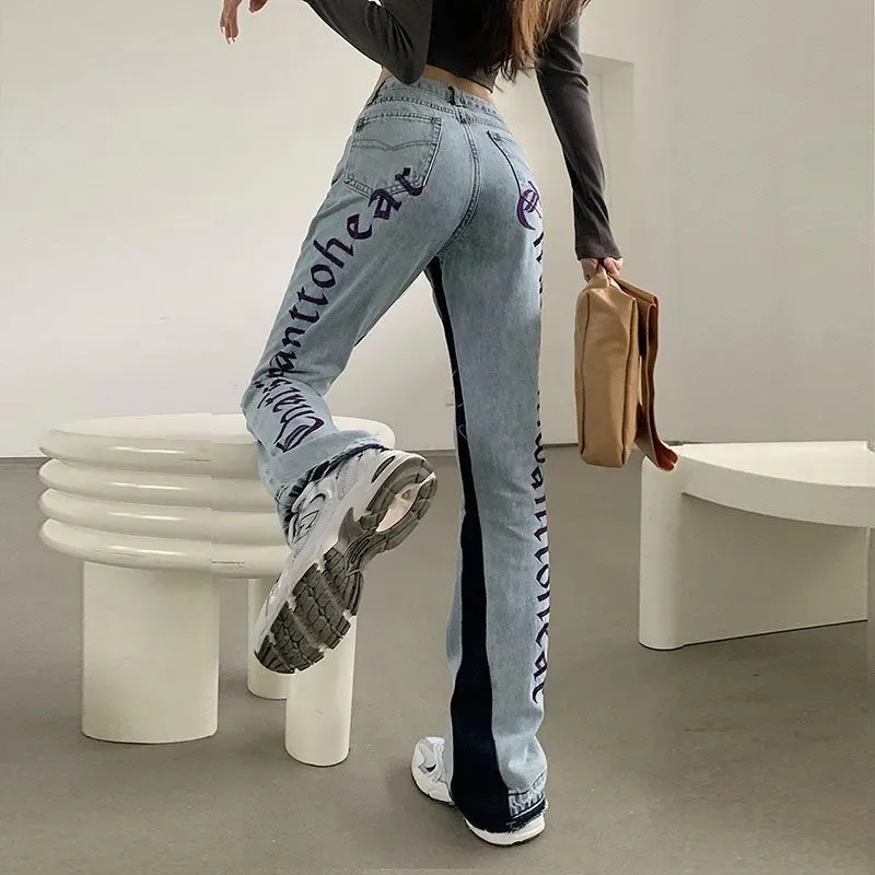 

European Spring 2022 New Arrivals Denim Back Letters Embroidery Loose High-waisted Jeans Straight Pants Women Fashion Streetwear