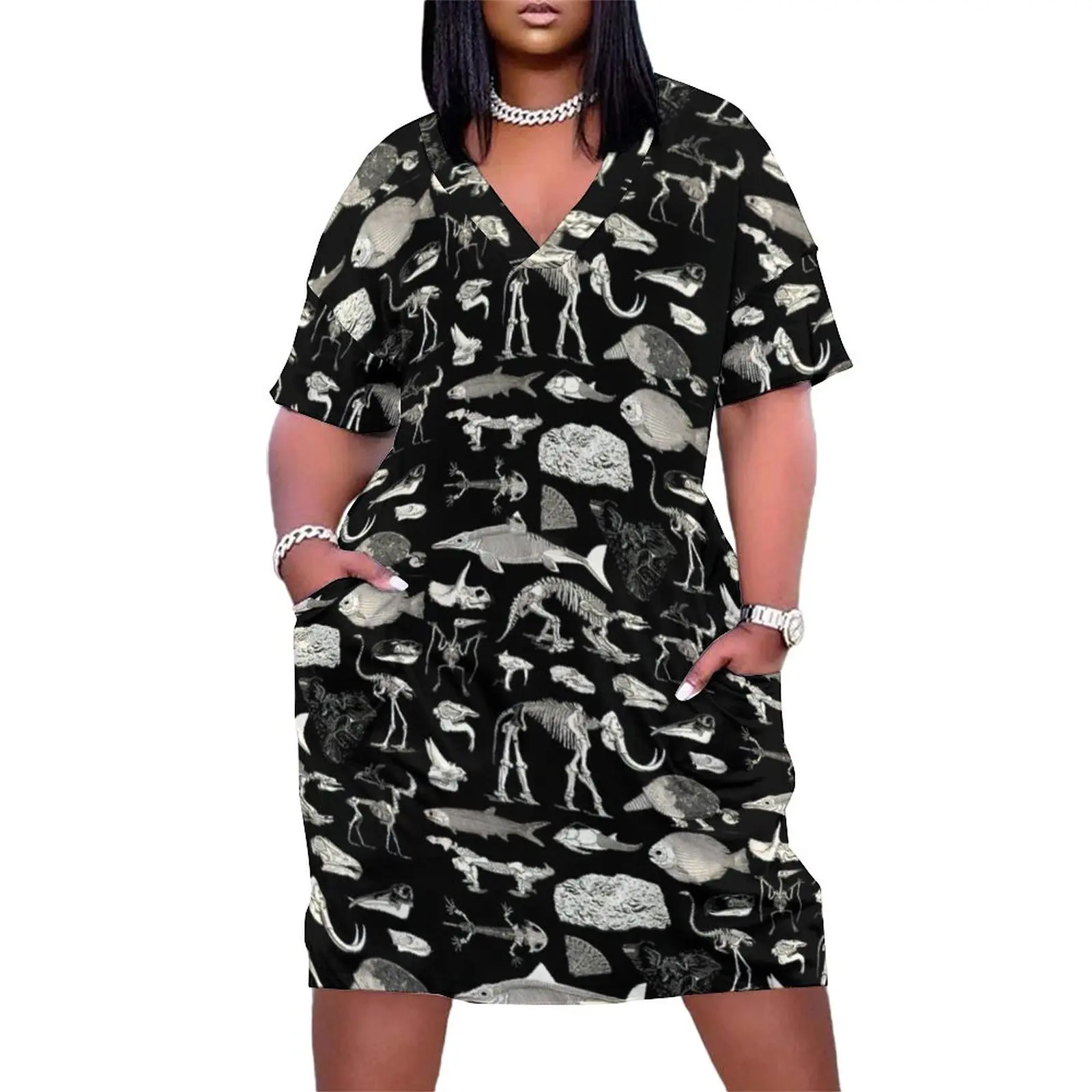 Various Skeletons Casual Dress Holiday Paleontology Print Modern Dresses Ladies V Neck Print Street Wear Dress Plus Size 5XL