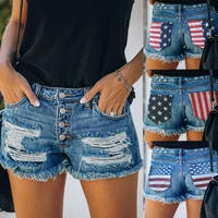 womens new american flag print shows thin holes and a row of button denim shorts