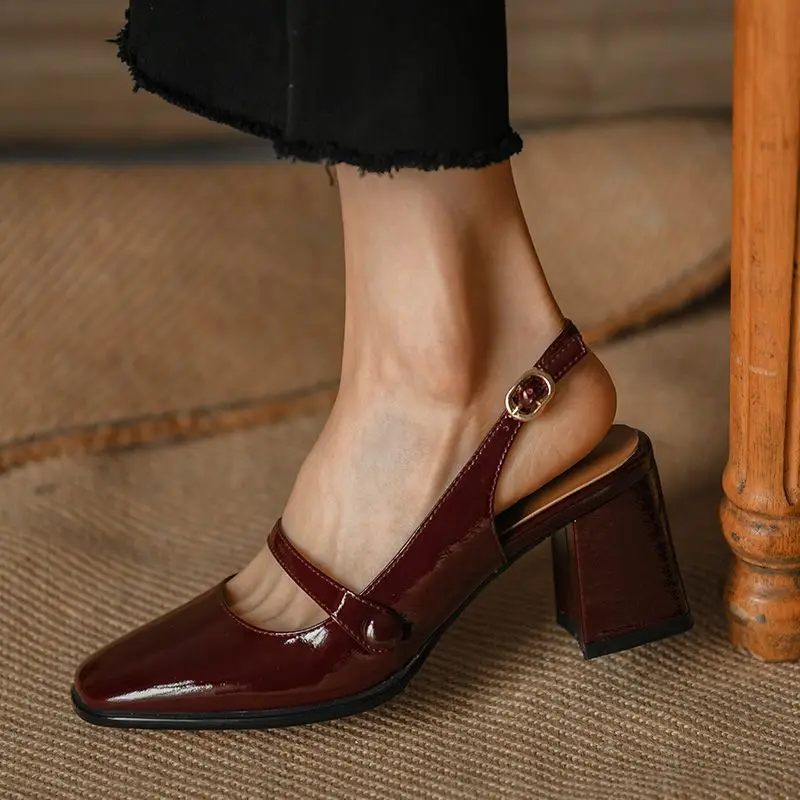

Сандалии женские на высоком каблуке, элегантные босоножки с квадратным носком, телячья лакированная кожа, туфли-лодочки с ремешком на пятке, Туфли Мэри Джейн в ретро стиле