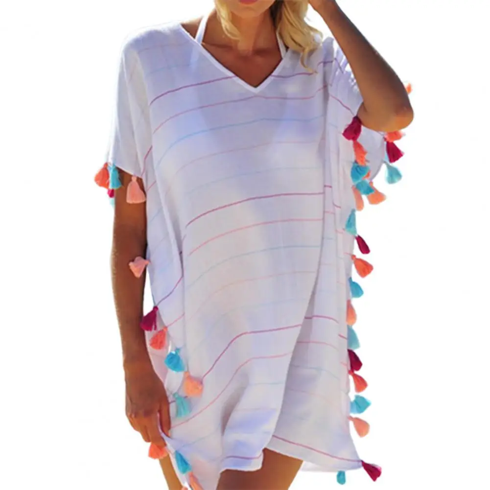 

Женская накидка 2023, солнцезащитное платье с V-образным вырезом и коротким рукавом, с разрезом сбоку, купальник в полоску с бахромой и принтом