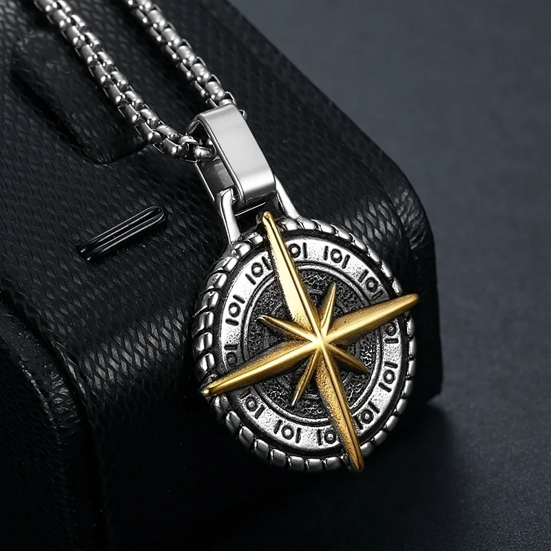 

Vintage Viking Compass Pattern Round Men's Pendant Necklace Fashion Nautical Compass Pendant Jewelry On The Neck Party Jewelry