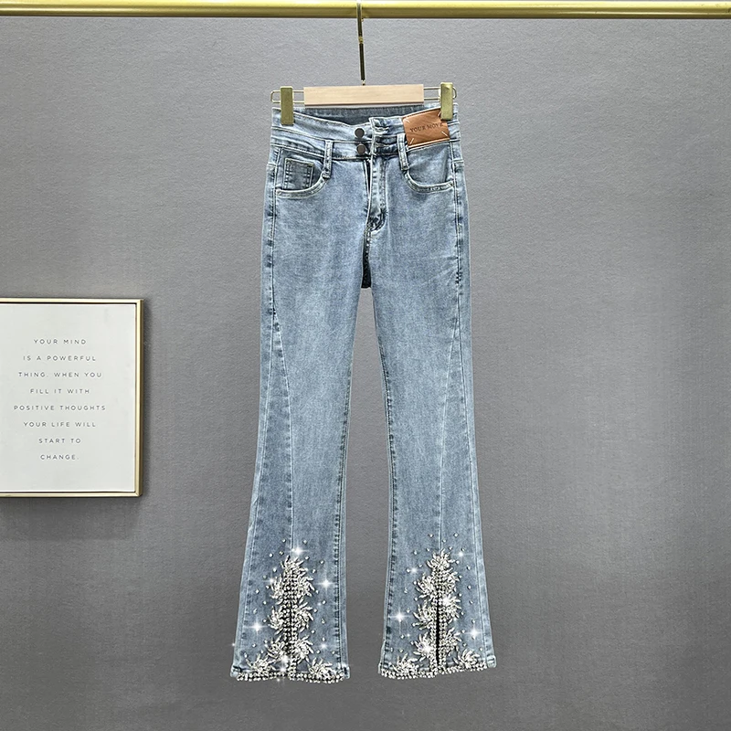 

Split Denim Bootcut Trousers Women's Fashion Jean Pants 2023 Spring Stretchy Jean High Waist Slimming Rhinestone Flared Pants