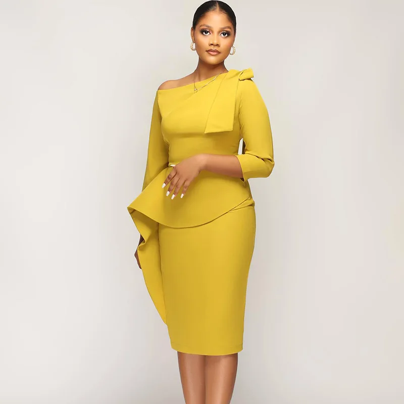 

Znaiml 2023 Sexy Ruffles Peplum Office Lady Bodycon Midi Dresses Women Off Shoulder Elegant Work to Wear Pencil Party Dress