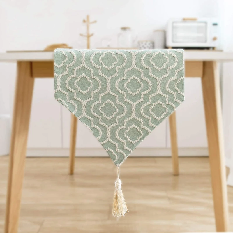 

Elegant Jacquard Turquoise Cotton Linen Table Runner with Tassels Dresser Scarf for Home Party Wedding Dining Table Decor