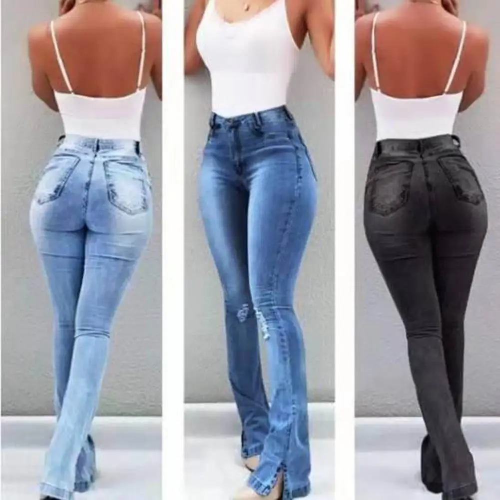 

New Vintage Women Jeans High Waist Long Elastic Flare Design Denim Pants S-3XL