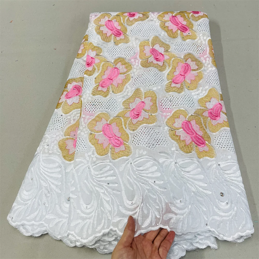 

African Swiss Voile Lace Fabric Embroidery High Quality Nigerian Cotton Dry Lace Fabric 5 Yards For Party Dresses Sewing QF0349