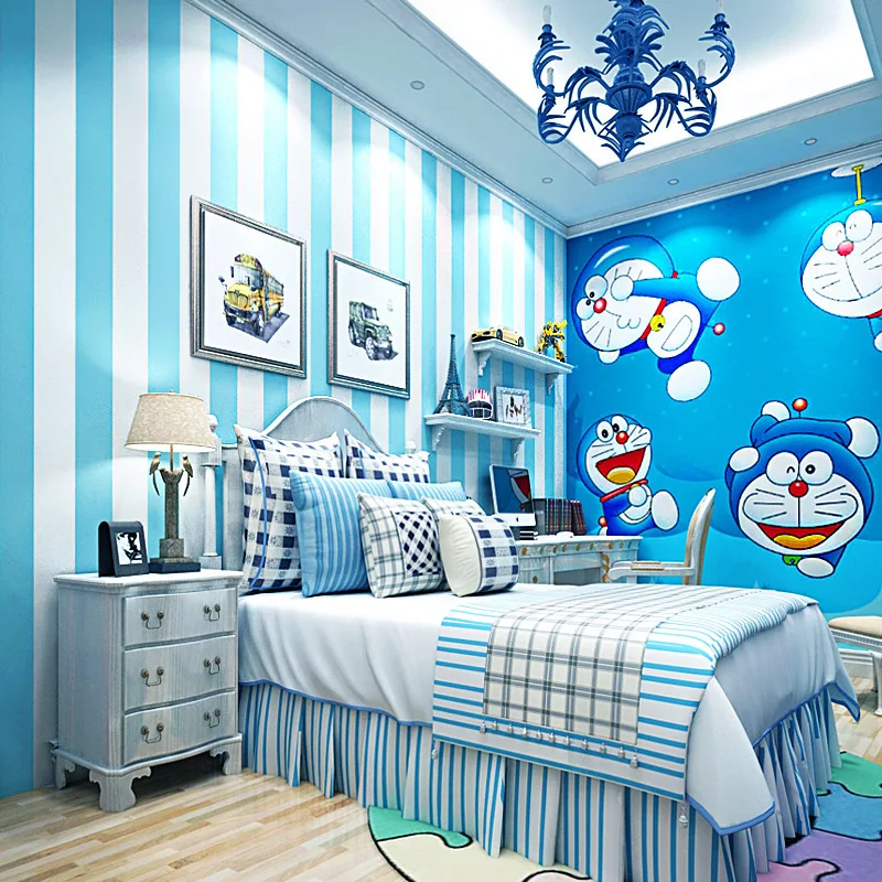 

Mediterranean Blue Wallpaper Non-woven Bedroom Children's Room Doraemon Jingle Cat Theme Blue Vertical Stripes Wallpaper