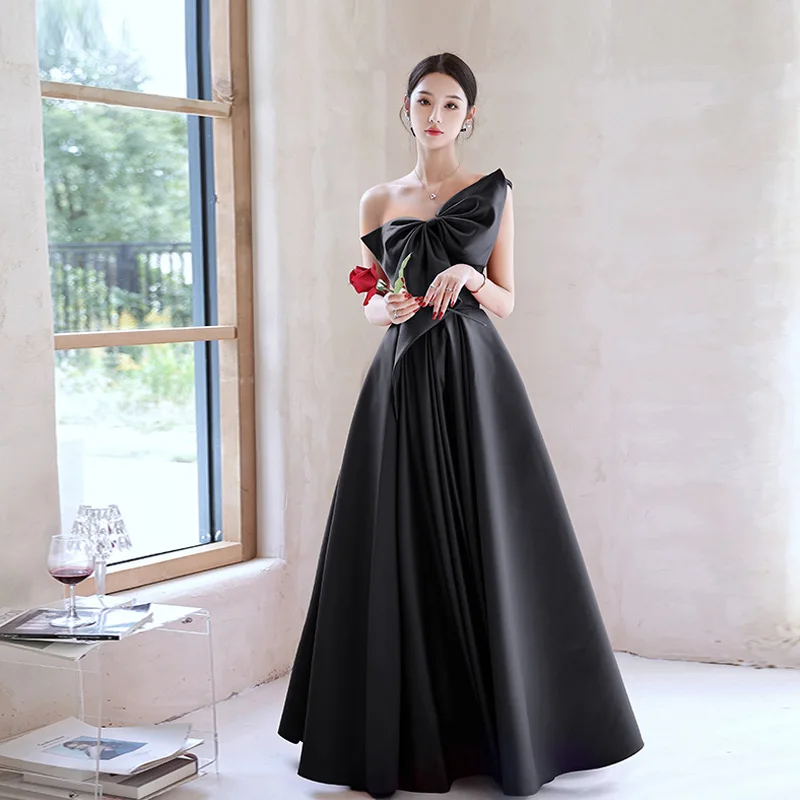 

DSP A Line One Shoulder Satin Prom Dresses Long Women's Elegant Formal Occasion Party Dress Evening Gown with Bow