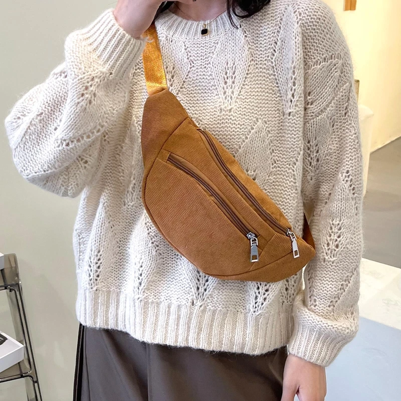 

Corduroy Waist Bag Zippered Chest Bags Sling Sport Travel Fashion Phone Pouch for Girls Women Ladies Fanny Pack