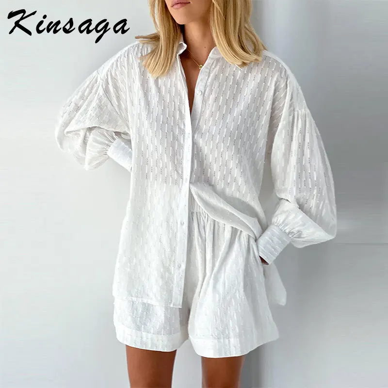 

Fashion Jacquard Puff Sleeve Loose White Shirts Wide Shorts 2 Piece Set Women Office Lady Hollow Out Long Sleeve Blouse Suits