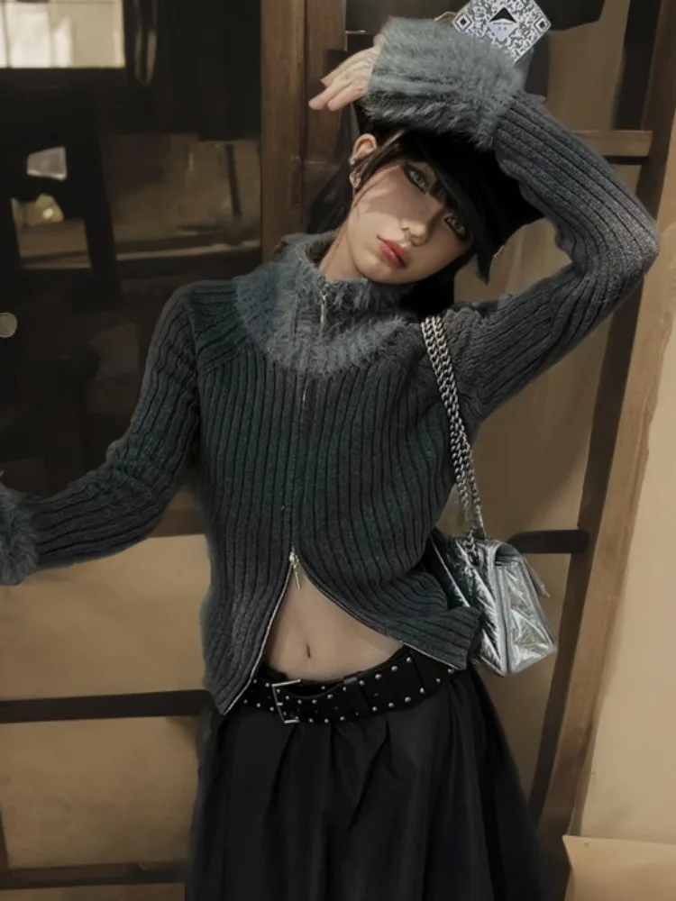 Женский трикотажный кардиган на двойной молнии свитер с высоким воротником и