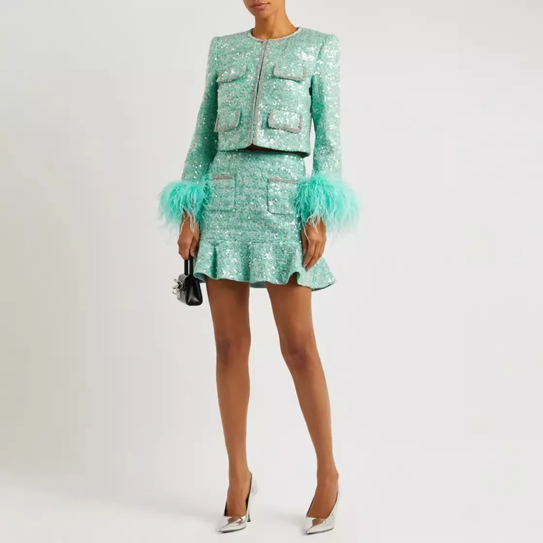 Модный дизайнерский осенне-зимний светский стиль роскошный твидовый жакет с