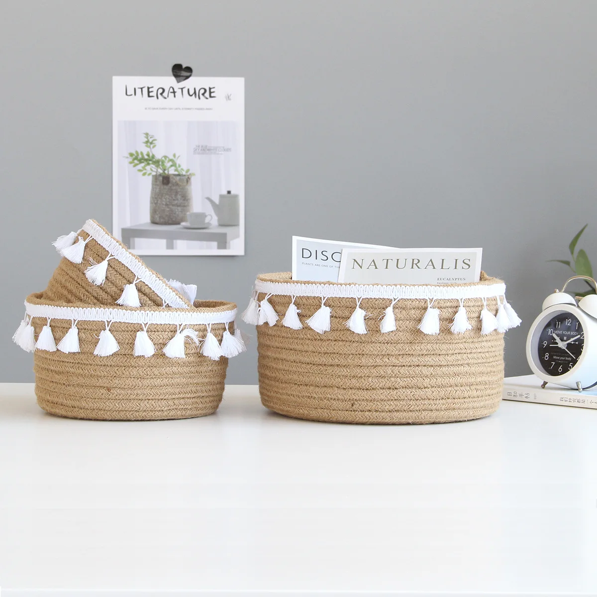 

Cotton Rope Storage Baskets Weaving Nordic Home Sundries Baby Toys Candy Tassels Storages Basket Desktop Small Organizer Box