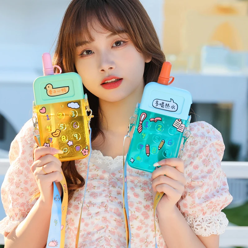 

Creative Cute Mobile Phone Straw Water Bottle With Strap Portable Kids School Flat Bottles For Girls Adult Frosted Plastic Cup
