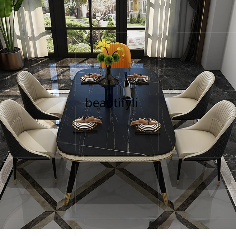 

yj Light Luxury Dining Table Stone Plate Household High-End Marble Small Apartment Rectangular Dining Tables and Chairs Set
