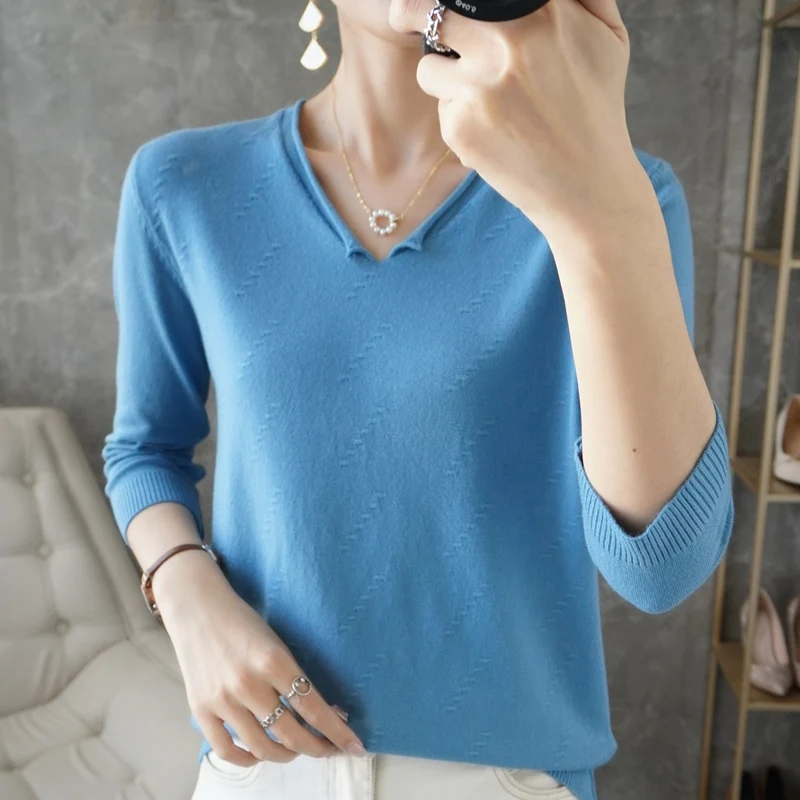 

Summer Clothes New Women's Roll-Edge V-Neck Knitted T-shirt Loose Bottom Showing Thin Casual Three-Quarter Sleeve Pullover Top