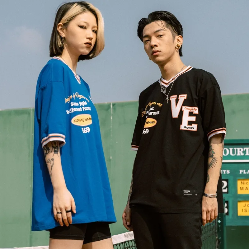 

Summer Streets FPACE Popular Logo Printed Letters v-neck Half Sleeve Male American Hip Hop Loose t-shirts With Short Sleeves