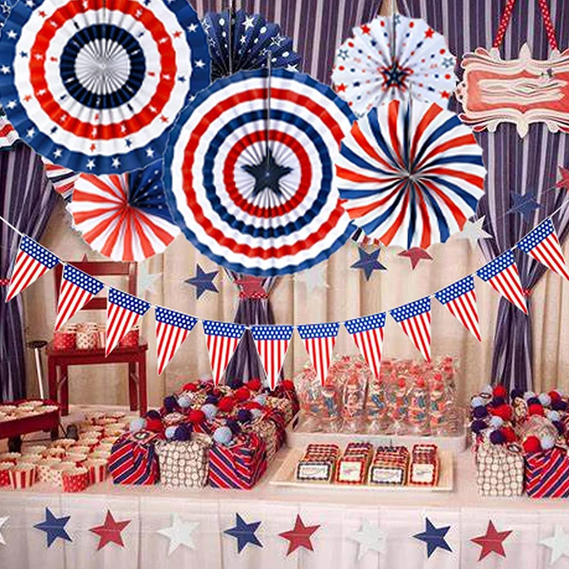 

American National Day Party Decor Set American Flag Paper Fans Patriotic Decoration Set Star Pull Flower Curtain For 4th Of July