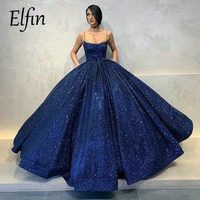 elfin fashion glittery royal blue evening dresses long spaghetti strap pockets prom party gowns arabic dubai lace up dress