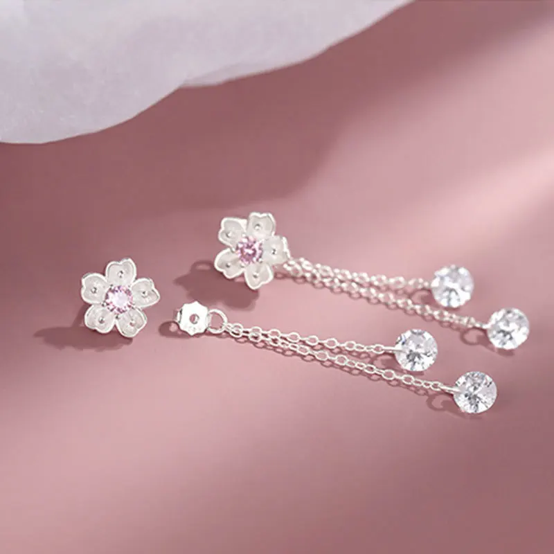 

925 Sterling Silver Tassel Chain Cherry Blossoms Drop Earrings For Women Girls Wedding Elegant Korean Party Jewelry gift
