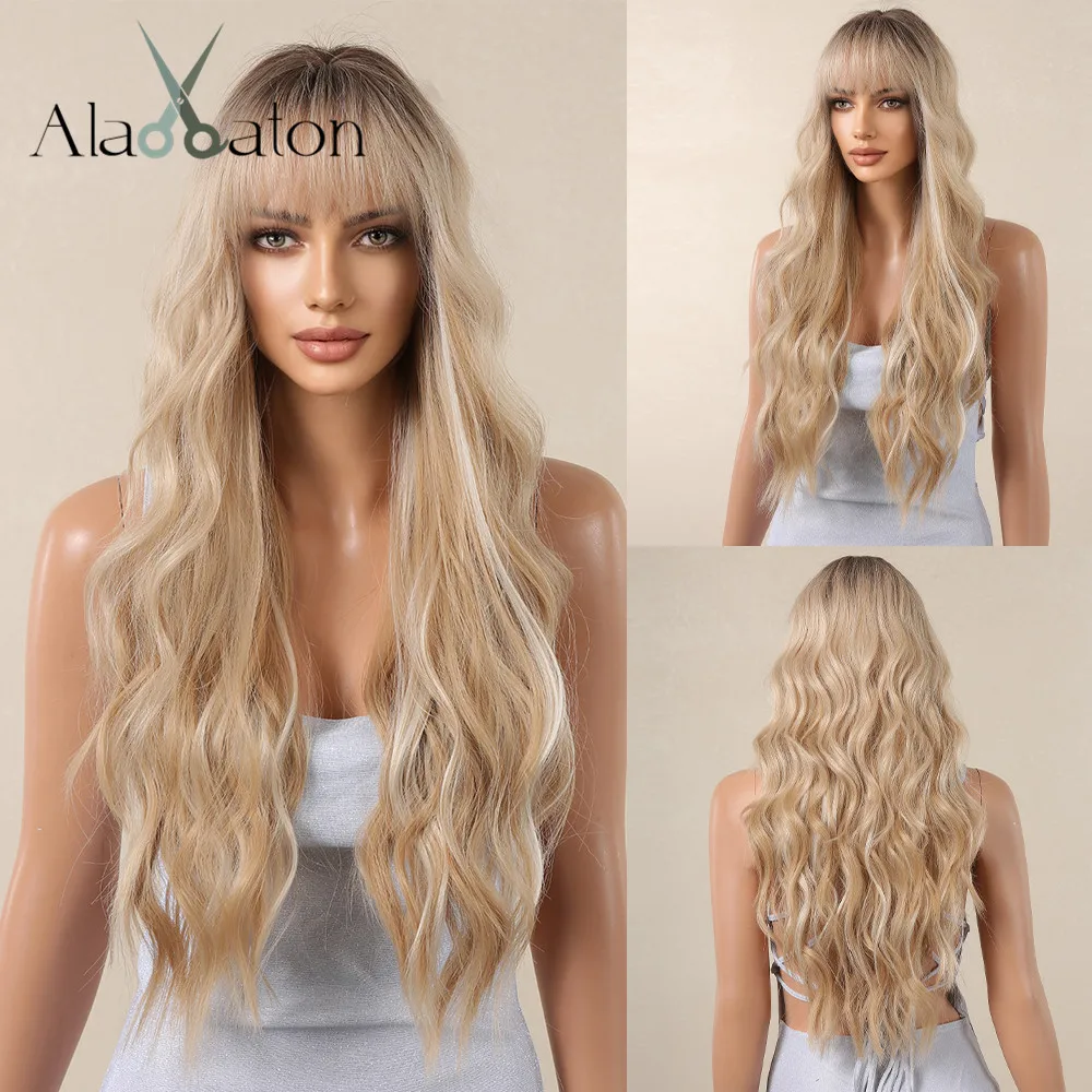 

ALAN EATON Blonde Long Curly Synthetic Wigs with Bangs Ombre Blonde Highlight Wave Wig Natural Women Daily Hair High Temperature