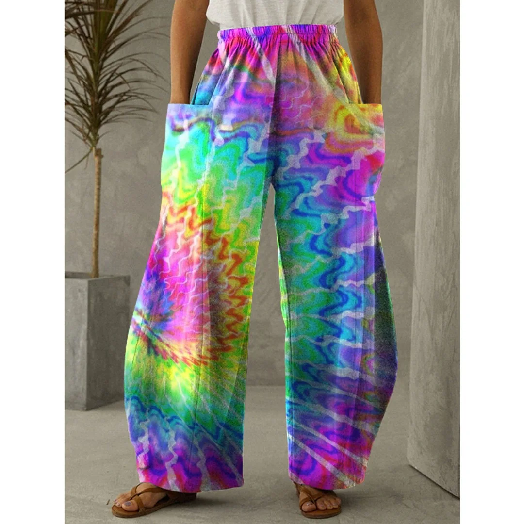 

Женские длинные брюки-шаровары, винтажные брюки большого размера с завышенной талией и цветным 3D принтом чернил, спортивные штаны для девочек