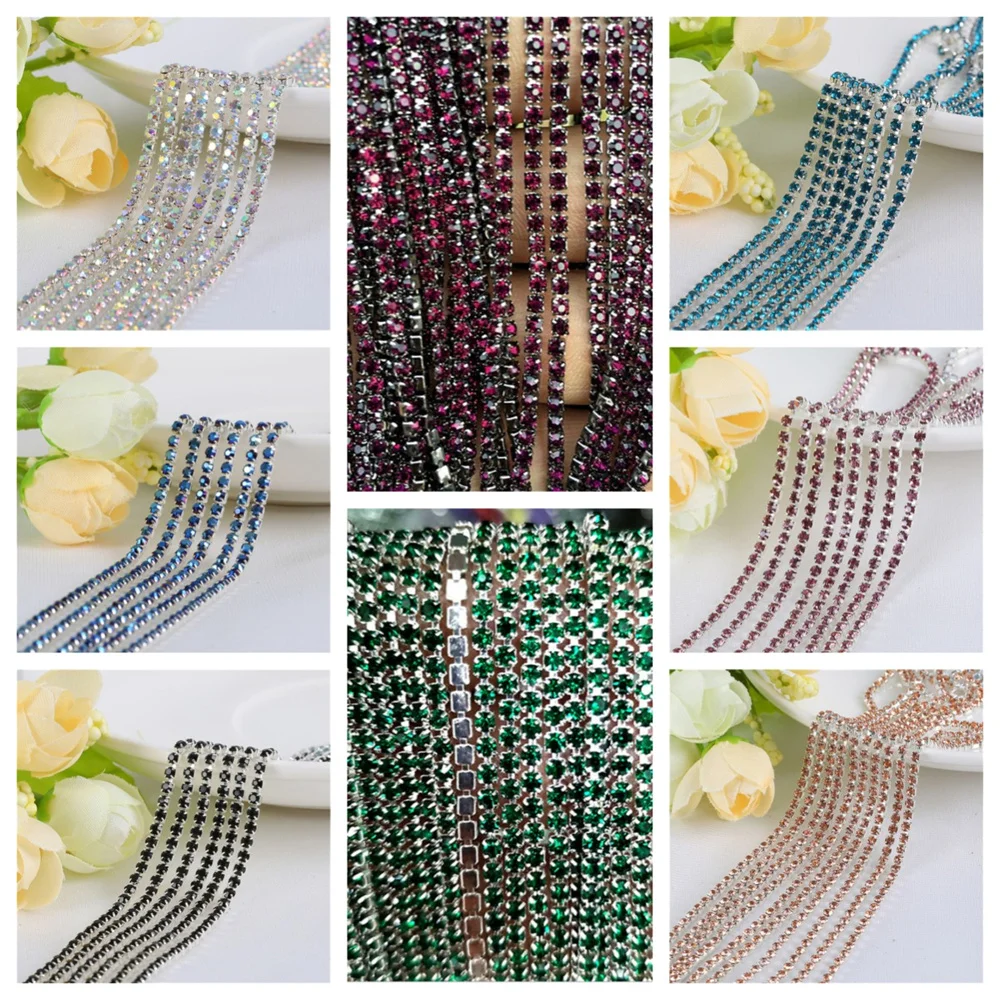 

10/20/30yard DIY Rhinestone colour Crystal Glass rhinestone Silver bottomclaw close chain sewing Trim craft for Garment accessor