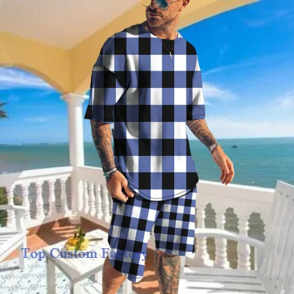 Tracksuit Suit Men's Summer Gold Pattern Street Short Sleeve Hawaii Style T-Shirt 2 Piece Set  Oversized Jogger Outfits