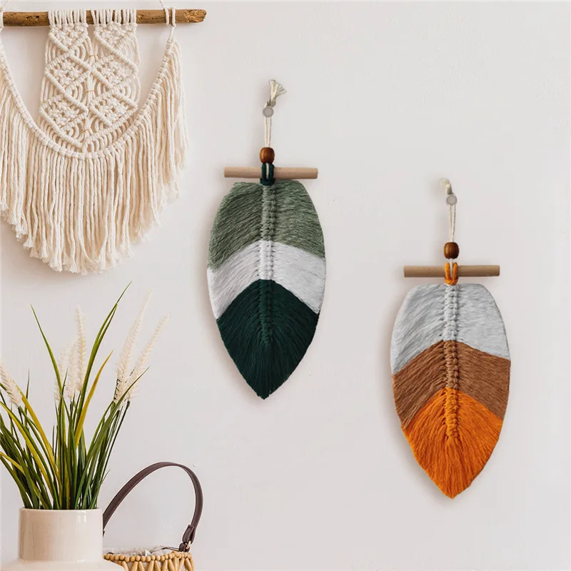 

2Pcs Nordic Tassel Leaf Macrame Wall Hanging Tapestry For Kid Room Bohemian Style Baby Bedroom Leaf Tapestry Hanging Pendant