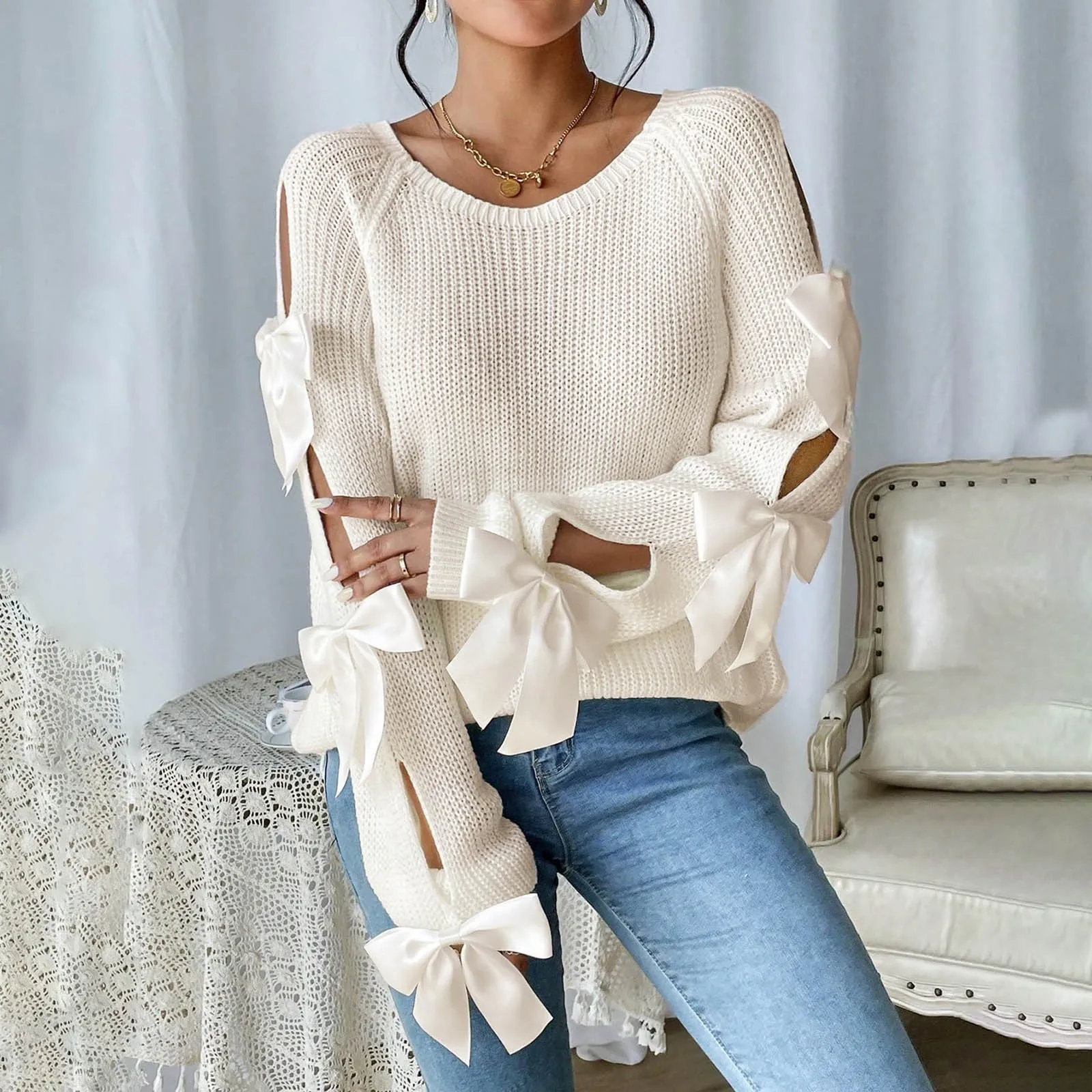 Женские пуловеры с бантом и вырезом длинными рукавами свитера большого размера