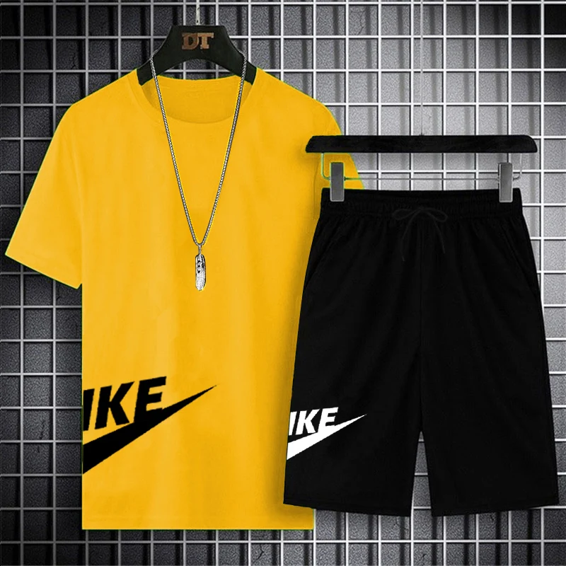 Men's Two Pieces Sets Summer Casual Men's Clothing Tracksuit Men Print Short Sleeve Sets Mens T-shirt+shorts Fitness Sportswear