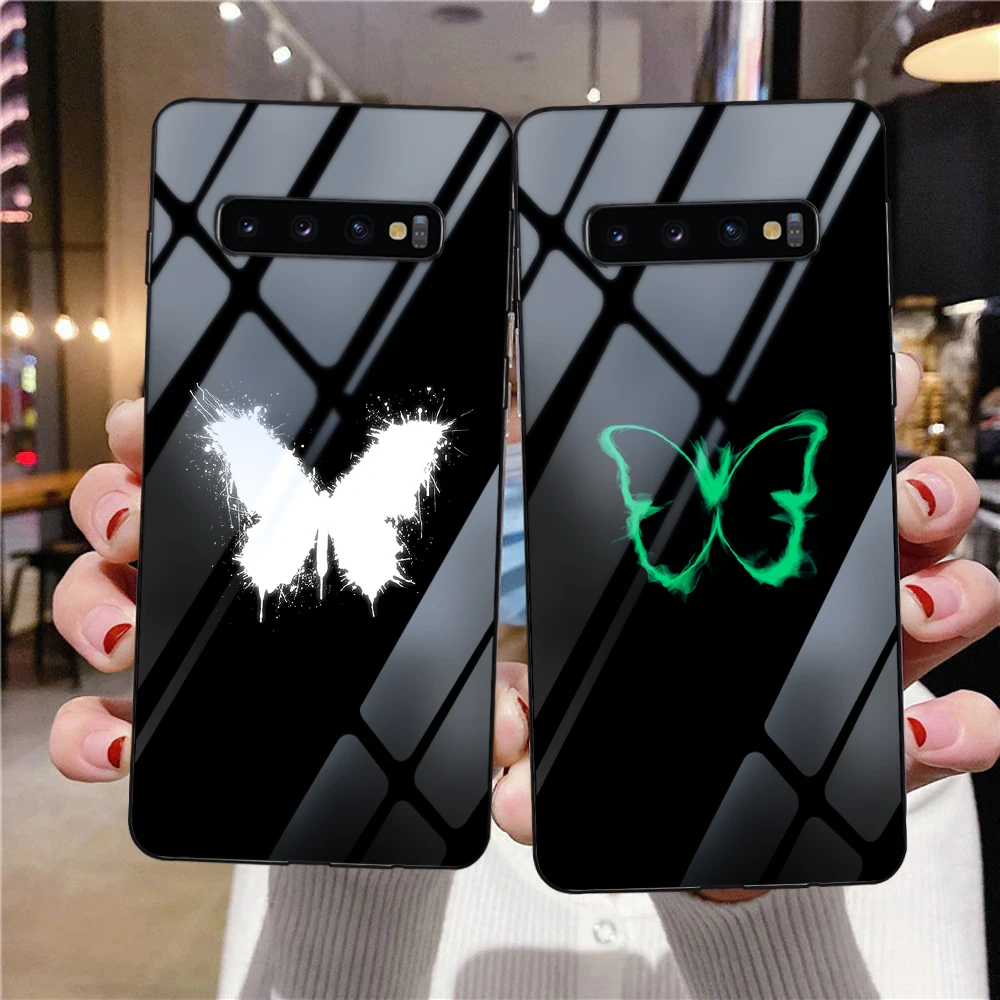 

Luminous Tempered Glass Phone Case for Samsung A51 S21 A52S 5G A50 S20FE A50 A52 S22 S20 S10 Plus INS Butterfly Coque Back Cover