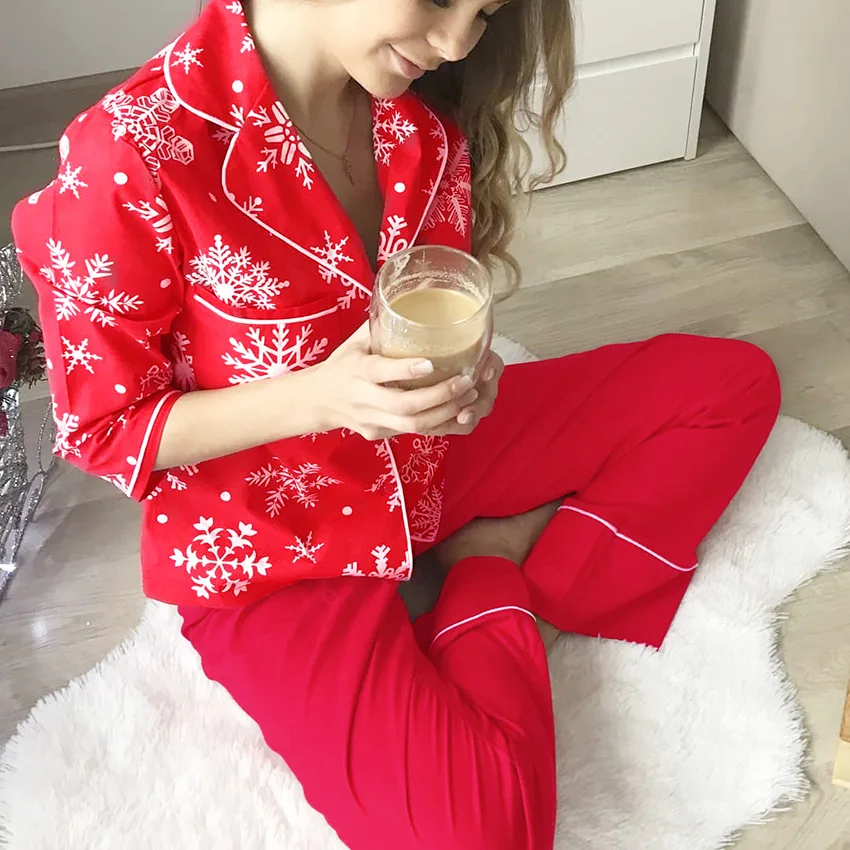 

Printing Sleep Suit Sleepwear Red Pajamas Sets Nightwear Lapel Home Clothes Long Sleeves Shirt Pant Loose Pyjamas Home Clothes