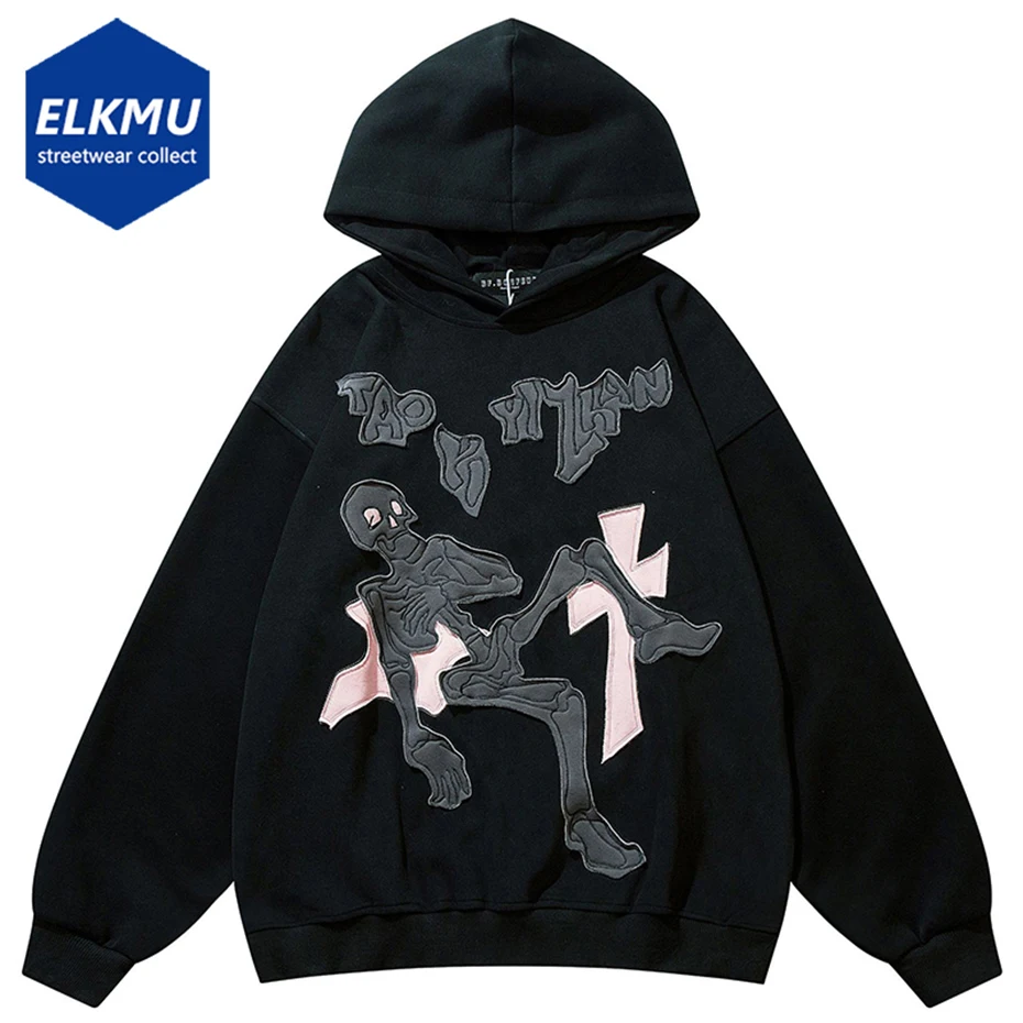 

Skull Skeleton Punk Hoodies Men Broken Patchwork Hip Hop Oversized Hooded Sweatshirt Harajuku Stretwear Y2K Pullover Tracksuit