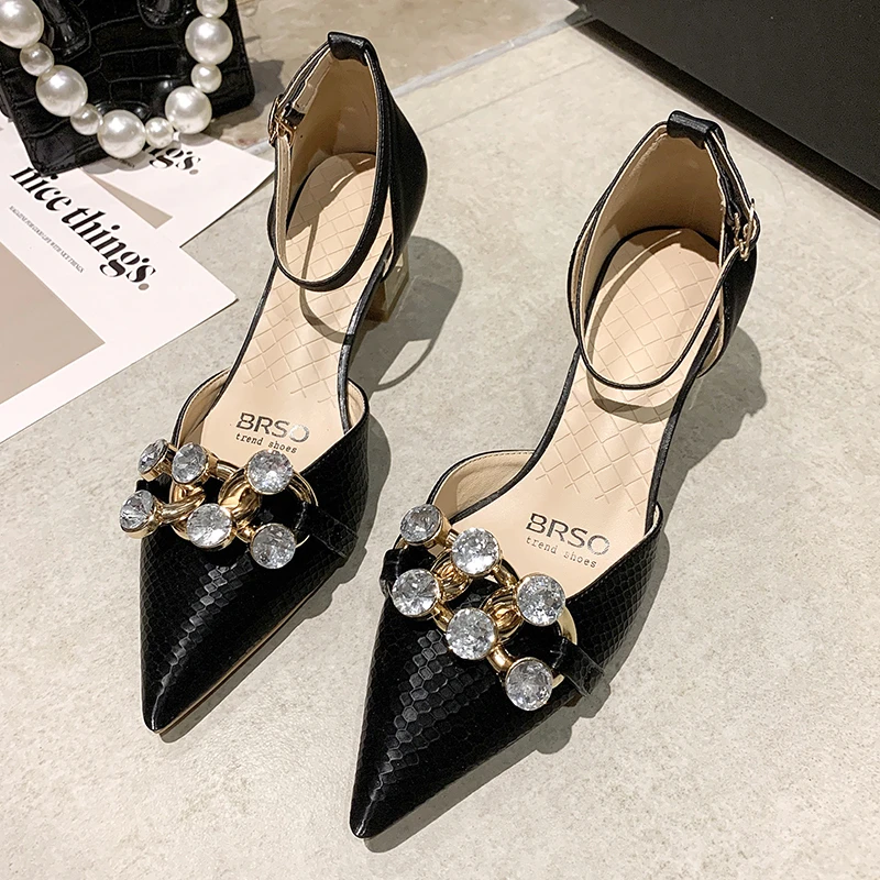 

Женские вечерние туфли стразы на высоком каблуке, туфли на квадратном каблуке с острым носком и ремешком на щиколотке для свадебной вечерин...