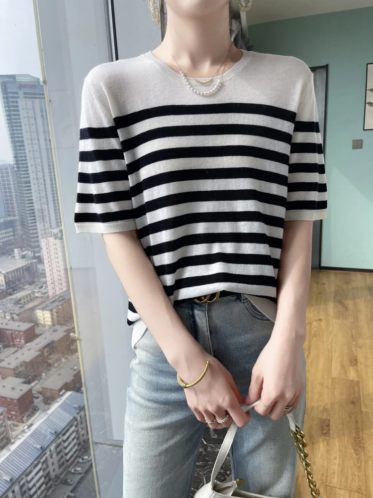 Полосатый цвет круглый вырез весна и лето новинка 80 шт. камвольная 00 из чистой