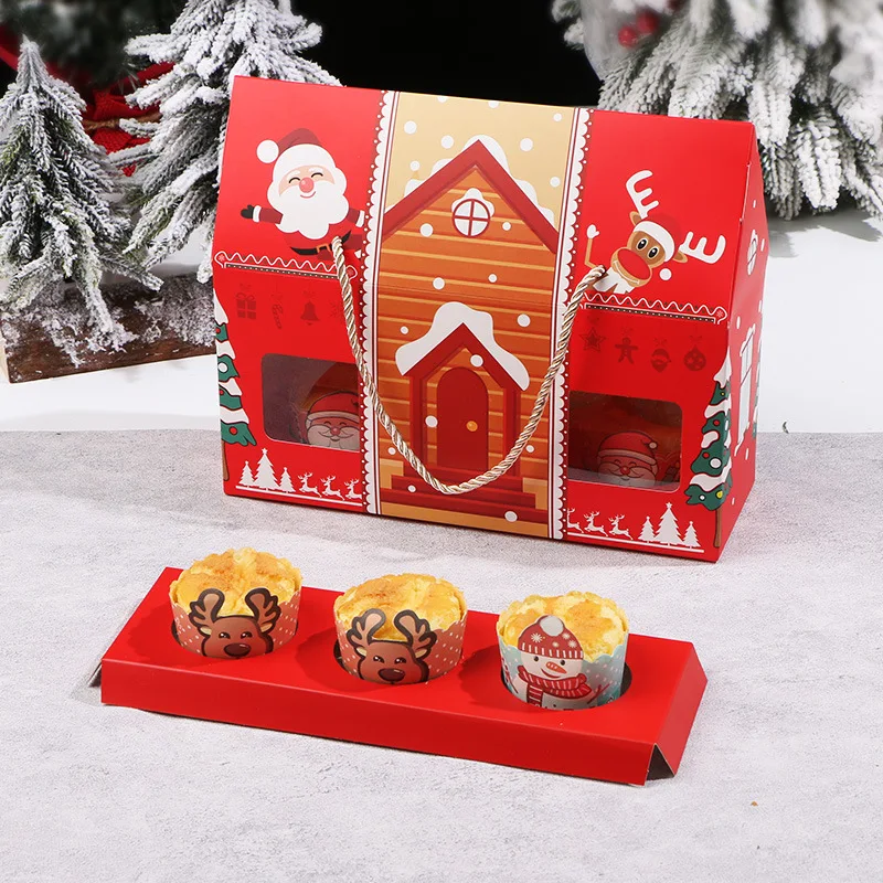 

5pcs Red Marry Christmas Gift Box Kraft Packaging Box with Handle Santa Claus Cake Box Kids Holiday Happy New Year Party Favors