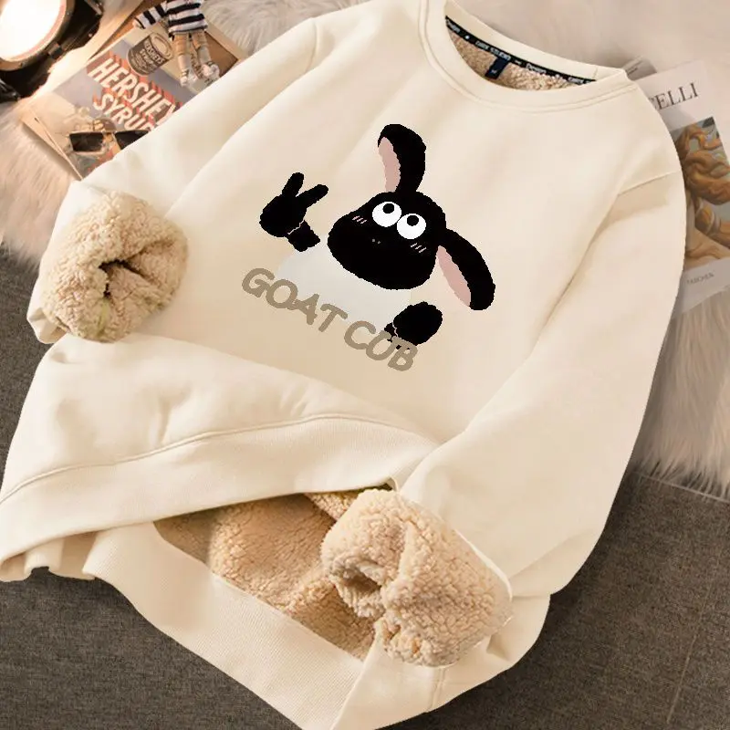 

Lamb Fleece Hooded Fleece 2023 New Fall/Winter Thick Vintage Women's Loose Top Cute Kawaii Sweatshirts Warm Wool Pullover Men