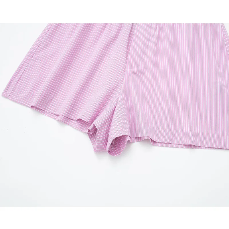 TRAF Pink Striped Shorts for Women Mid Waist Bermuda Shorts Woman Summer 2023 Beach Shorts Women Streetwear Pleated Women Shorts